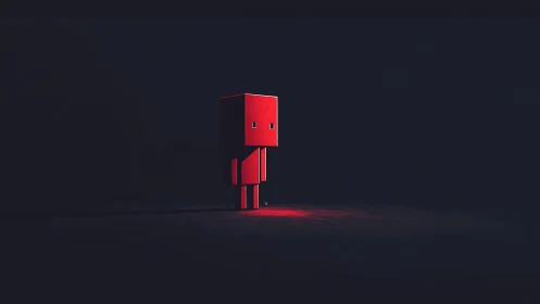 Lonely red robot character glowing softly in the dark.