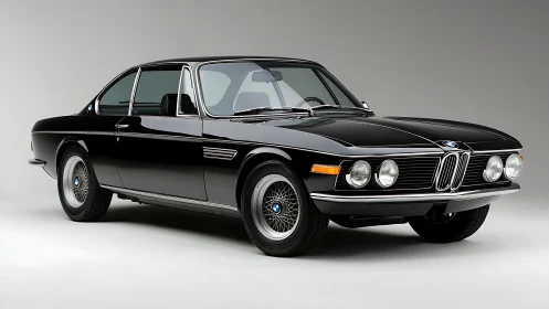 Classic black BMW coupe in controlled studio side perspective.