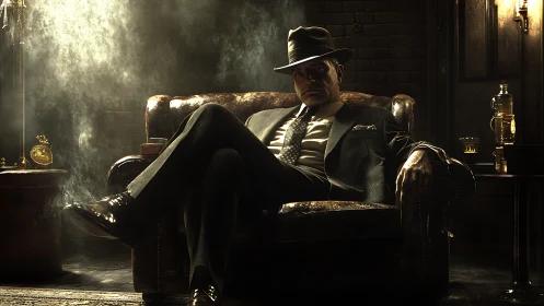 Vintage mob boss relaxes in smoky leather armchair.
