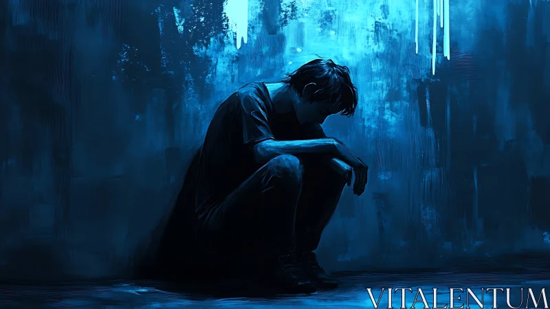 Solitary figure in blue monochrome, crouched against textured wall