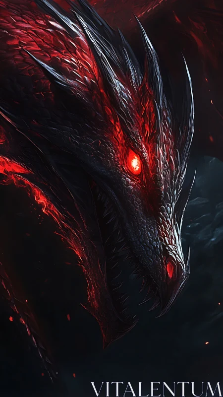 Infernal dragon head emerges from darkness in blazing red light.