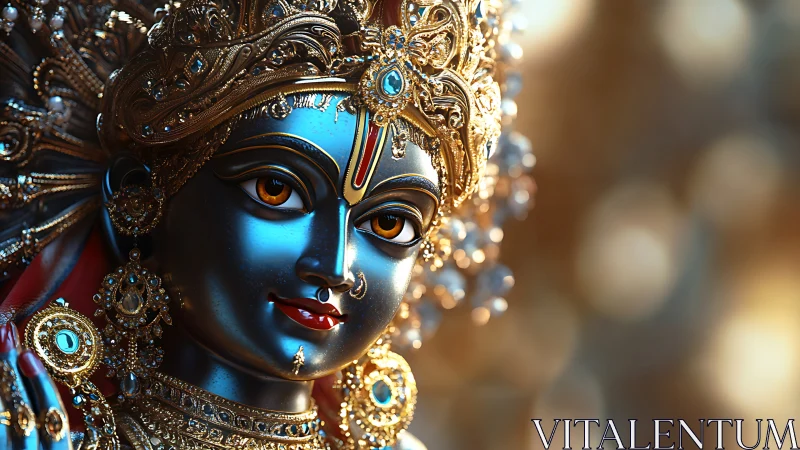Rendered close-up shows ornate metallic deity figure in profile