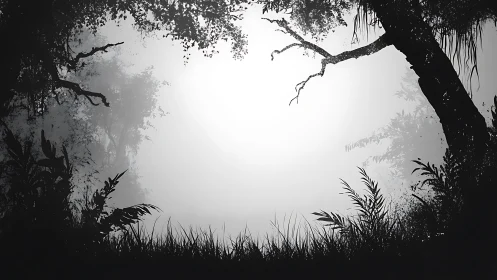 Mystical Forest Clearing Shrouded in Mist and Shadow