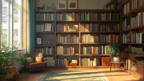 Sunlit library nook where quiet pages shimmer in gold.