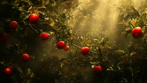 Sunlit orchard whispers as ruby apples float in golden dust
