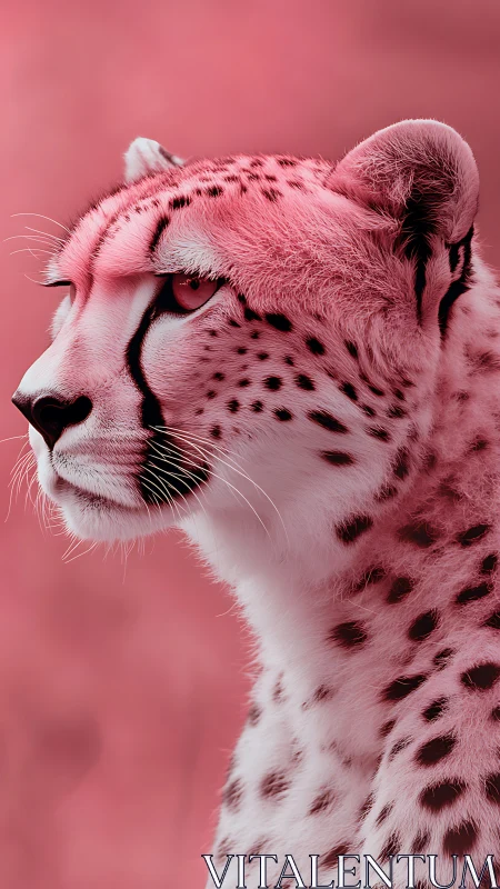 Side profile of spotted wild cat in monochrome pink tone.