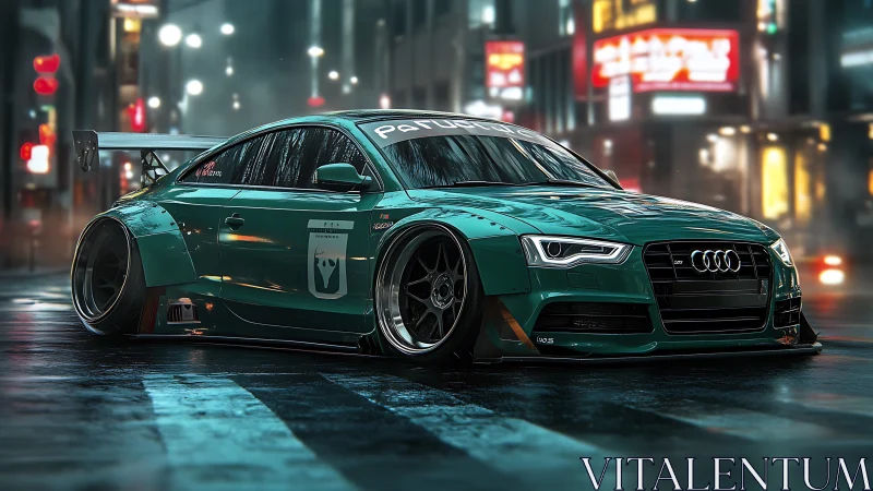 Widebody teal race coupe under neon-lit rainy city streets.