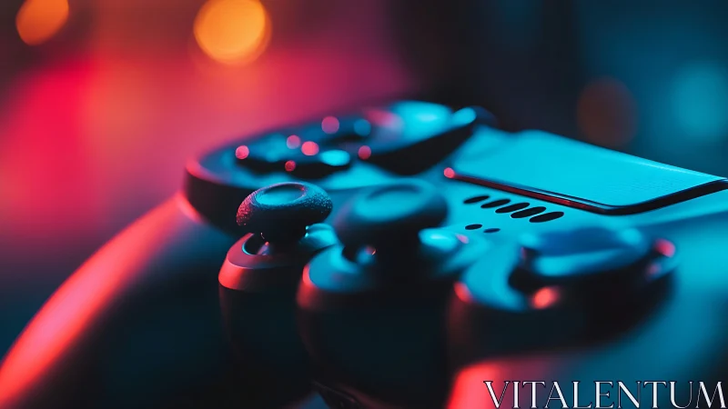 Game controller rests under neon blue and red studio lighting