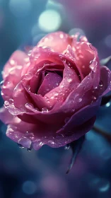 Magenta Rose with Dew Drops Glowing Against Soft Bokeh