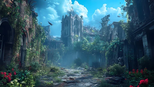 Overgrown ruined street with ivy and distant tower.