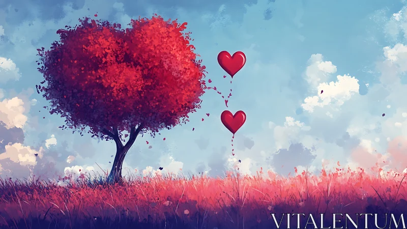 Red tree with floating hearts in surreal landscape