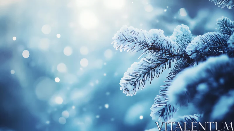 Macro winter fir branch with frosted needles and bokeh field.