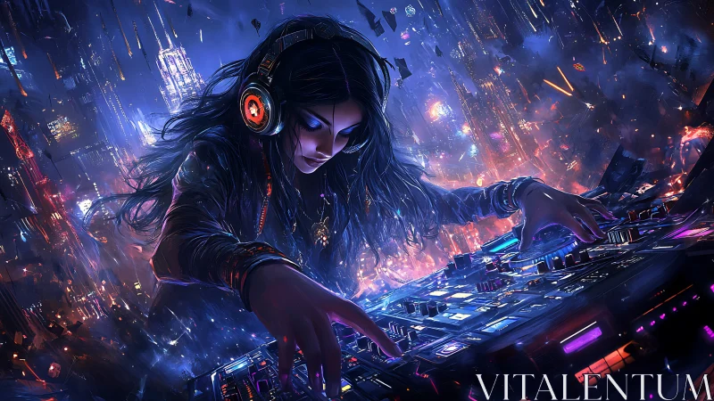 Cyberpunk DJ controls luminous mixer in neon-saturated skyline