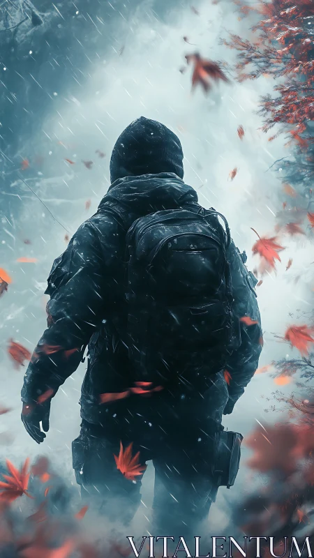 Hooded trekker in snowstorm amid red autumn foliage, rear view.