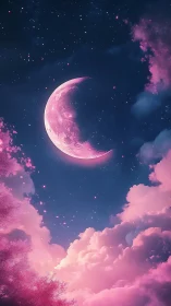 Crescent moon over pink clouds in stylized night sky.