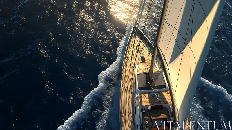 Sunstruck sailboat carving molten paths across deep sea.