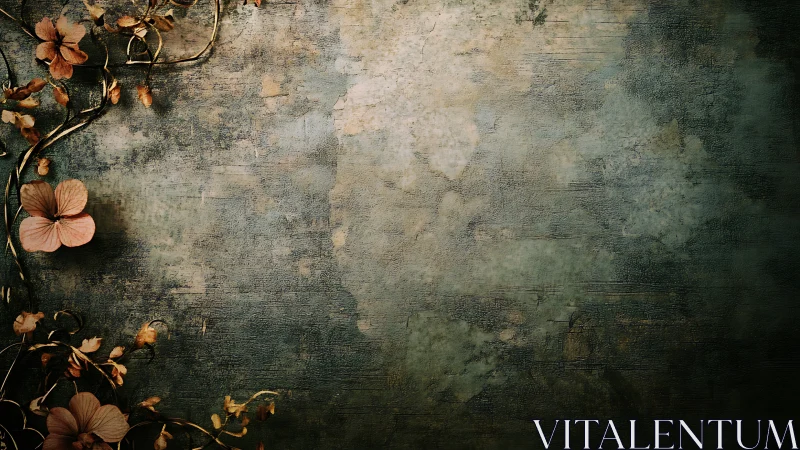 Vintage textured wall with dried floral vines on left margin