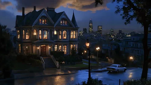 Victorian hillside mansion at blue hour with luminous windows.