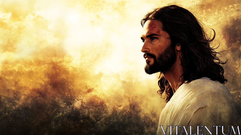 Gentle figure in golden light walking through quiet wonder.