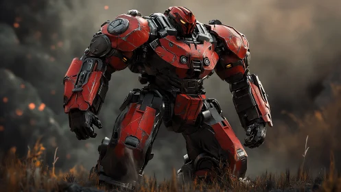 Armored red combat mech strides through smoky battlefield.