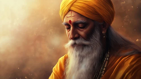 Serene elder mystic in golden light, contemplative portrait.