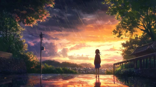 Solitary figure watching rainy sunset over quiet town.