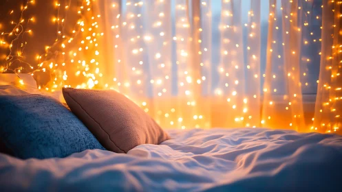 Cozy bed with pillows under warm curtain string lights.