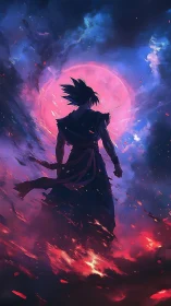 Warrior silhouette confronts glowing crimson moon vortex