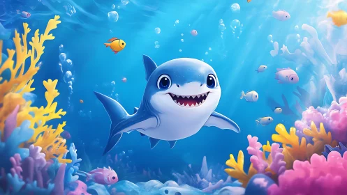 Playful baby shark in vibrant coral reef environment.