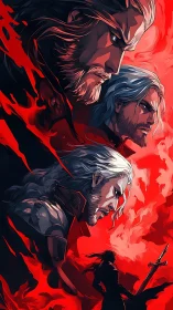 Brooding silver haired warrior framed in vivid scarlet fire.