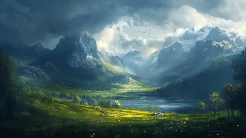 Mountain valley landscape with lake and dramatic clouds.