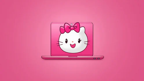 Pink cartoon cat laptop illustration on solid pink background.