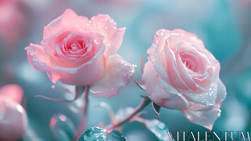 Pink roses with dew droplets captured in luminous bokeh lighting.