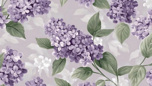 Purple lilac floral composition with layered botanical illustration technique.
