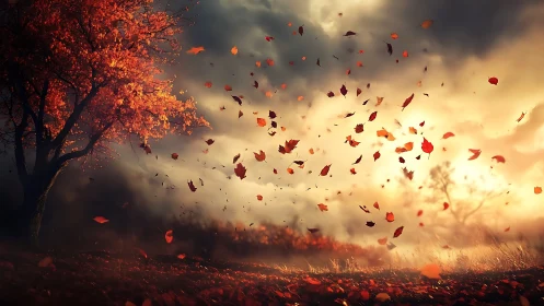 Autumn tree and windblown leaves under dramatic sky.