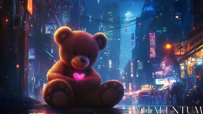 Giant plush bear with neon heart in rainy cyberpunk alley.