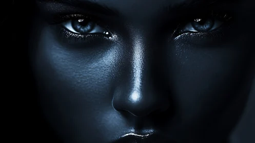 Close-up monochrome portrait of human face in low light.