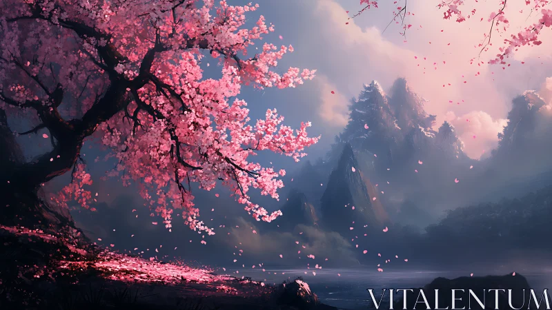 Cherry blossom tree beside misty mountains at dusk.