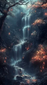 Waterfall in Burning Forest with Glowing Light.