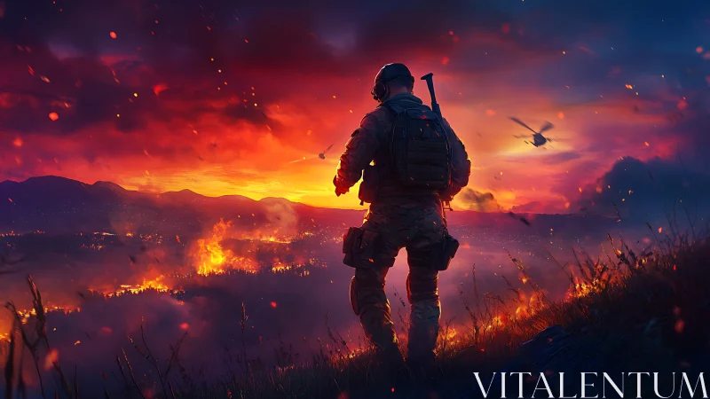 Tactical Operative Against Inferno Landscape with Dynamic Atmospheric Combustion.