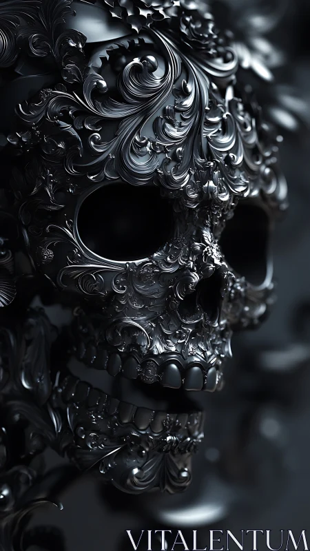 Ornate dark skull sculpture wrapped in swirling metal flourishes.