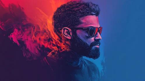 Profile portrait in red blue gradient with abstract smoke effect.