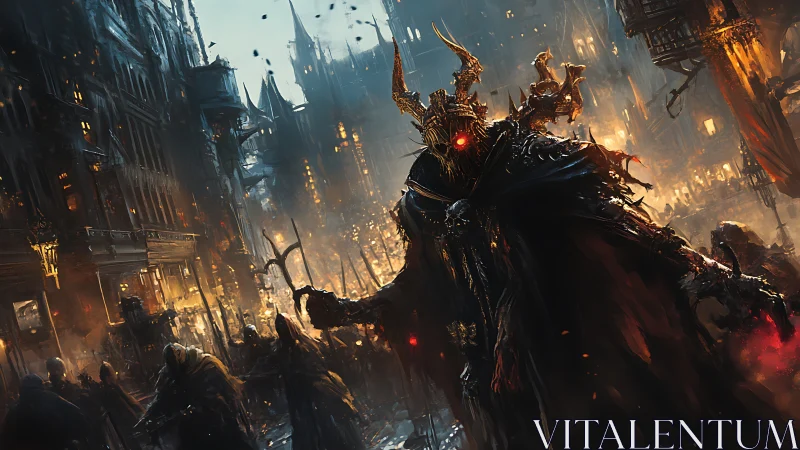 Midnight warlord strides through a burning gothic city street