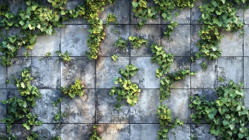 Climbing ivy softens a weathered concrete grid wall with light