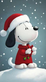 Snowy pup in a Santa hat quietly soaks up Christmas magic