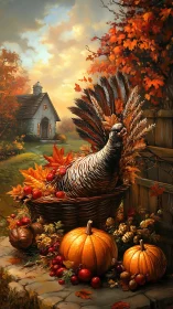 Autumnal turkey still life with pumpkins and rural chapel.