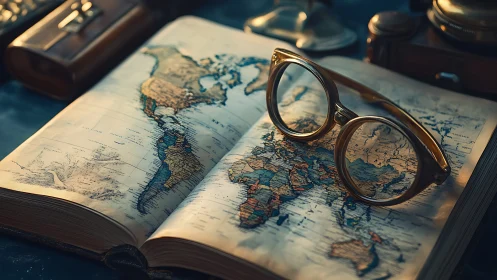 Vintage glasses resting on open world map in warm light.