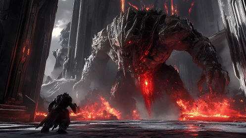 Molten titan leans from the abyss to confront lone knight