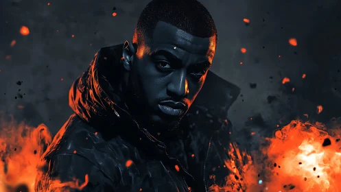 Moody portrait of man amid glowing embers and rising flames
