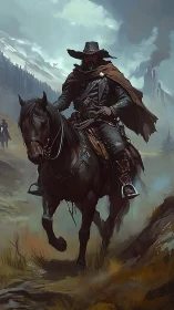 Lone frontier ranger rides warhorse through stormed pass.